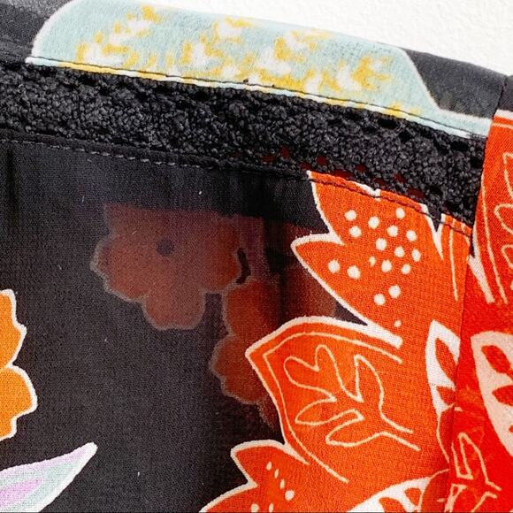 RAGA Anthropologie Blouse Tassel 3/4 Sleeve V-Neck Black Orange Floral Top Small - Picture 8 of 15